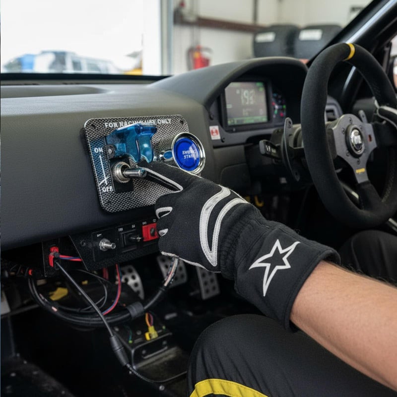 Jtron DC12V Racing Car Ignition Switch Panel Carbon Fiber Rocking Switch+Engine Start Push Button with Blue Indicator Light (Blue) - Image 2